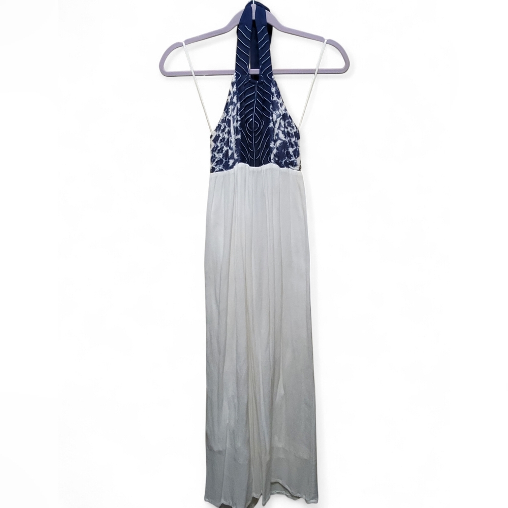 Blue and White Halter Maxi Dress